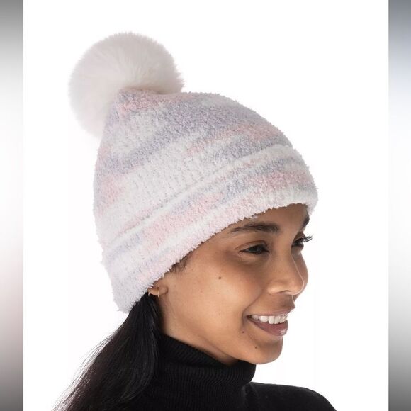 Jenni Fuzzy Jacquard Pom Pom Beanie in Animal Print One Size blush grey NWT - Picture 2 of 5